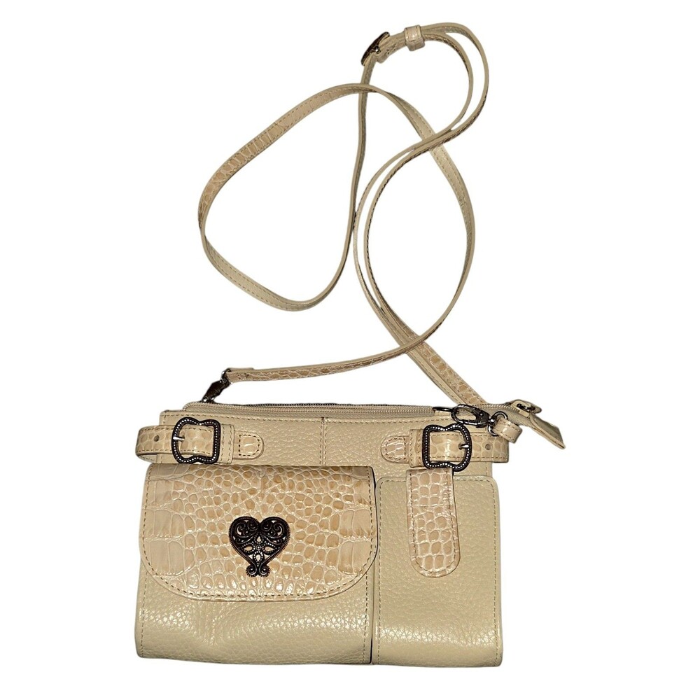 Vintage Brighton Ivory Embossed Croc Pebble Leather Organizer Crossbody Wallet